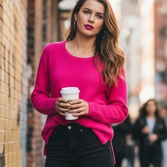 Express $70 Large Y2K Hot Pink Wool Blend Ribbed Split Hem Crew Sweater - Picture 1 of 7